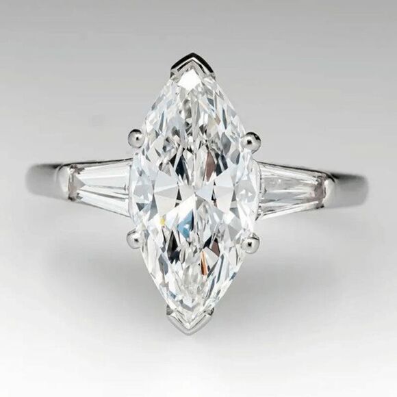 STERLING SILVER MARQUISE CUT DIAMOND WEDDING ENGAGEMENT RING - Picture 4 of 6